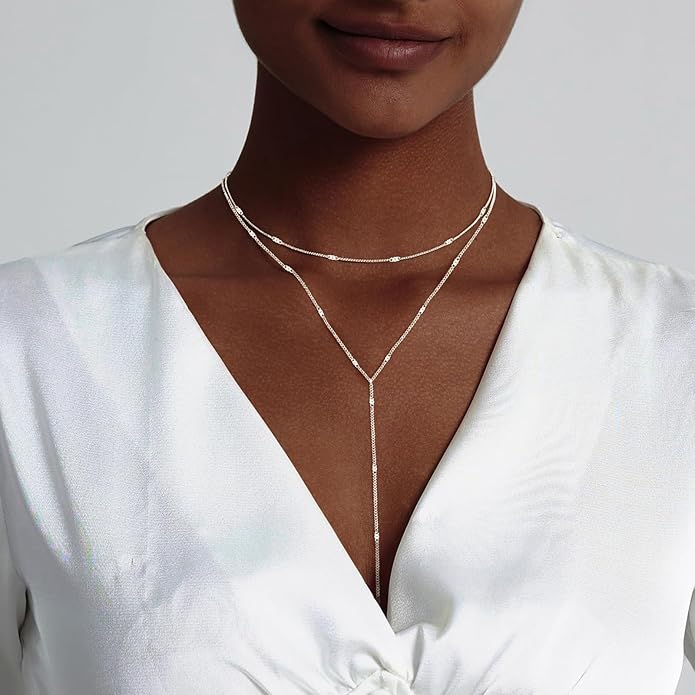 HAXIYA Lariat Gold Necklace for Women Dainty Long Necklace 14k Gold Plated/Silver Y-Shaped Pendant Drop Chain Trendy Layered Pearl/Beaded/CZ Necklaces Simple Gold Jewelry For Women Gift