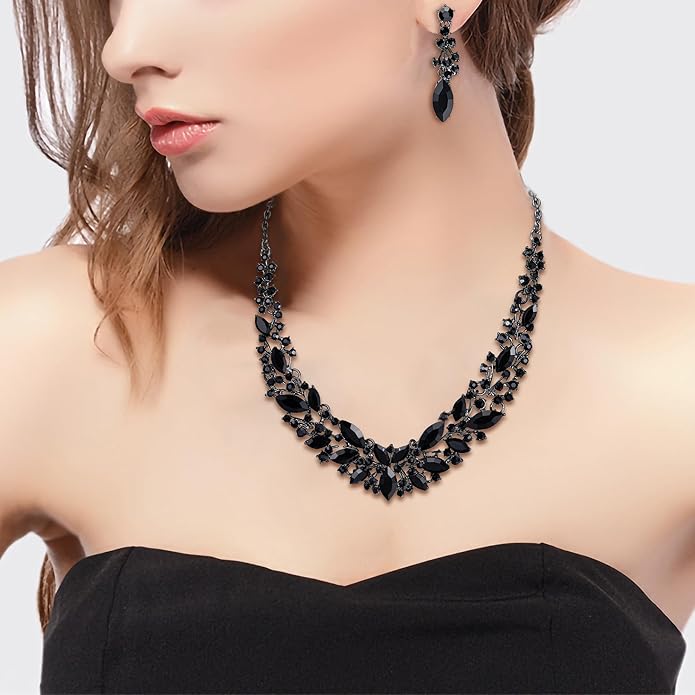 BriLove Women's Wedding Bridal Austrian Crystal Marquise Cluster Collar Necklace Dangle Earrings Set