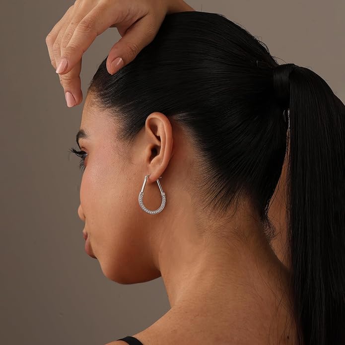 LeCalla 925 Sterling Silver Hoop Earrings | Italian Design Classic Diamond-Cut Textured Earring Hoops | Women's Drop Shape Oval Hoop Earring Jewelry for Women