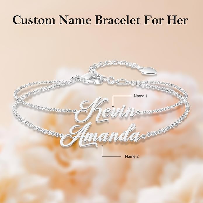 LucySky Custom Bracelets with 2 Names for Women, 925 Sterling Silver Adjustable Personalized Name Anklet, Custom Bracelets Summer Beach Jewelry Dainty Gifts for Wife, Sister, Friends
