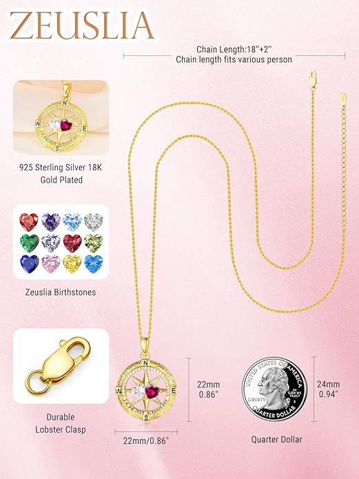 Zeuslia Double Birthstone Necklace Gifts for Wife - 925 Sterling Silver Sunflower/Rose/Crown Cross/Compass/Heart Pendant I Love You Necklace, Anniversary Birthday Gifts for Wife Girlfriend Mom Her