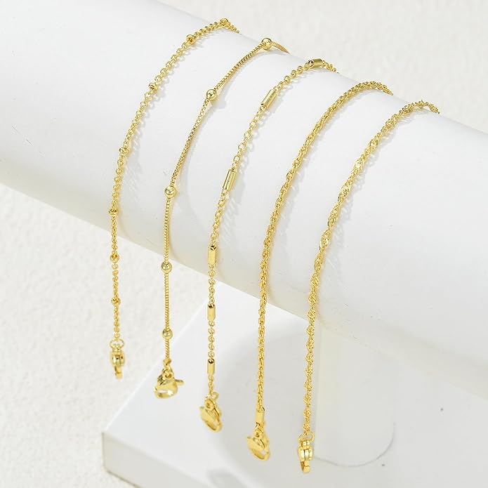 iF YOU Gold Ankle Bracelets for Women, 14k Gold Plated Waterproof Cuban Link Chain Anklets Set, Layered Anklet Bracelets for Women Beach Gift Adjustable Size 5pc