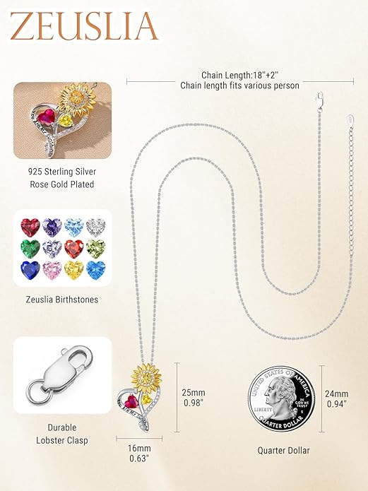 Zeuslia Double Birthstone Necklace Gifts for Wife - 925 Sterling Silver Sunflower/Rose/Crown Cross/Compass/Heart Pendant I Love You Necklace, Anniversary Birthday Gifts for Wife Girlfriend Mom Her