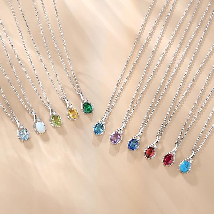 FANCIME 14K Solid White Gold Oval Gemstone Necklace with Diamond Pendant Gifts for Mom Women,16"+2" Inches