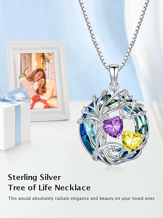 TOUPOP s925 Sterling Silver Family Celtic Tree of Life Pendant Necklaces with 2 Heart Birthstone with Blue Austrian Crystal Jewelry Birthday Anniversary Christmas Gifts for Her Wife Girlfriend Mom (18K Real White Gold Filled)