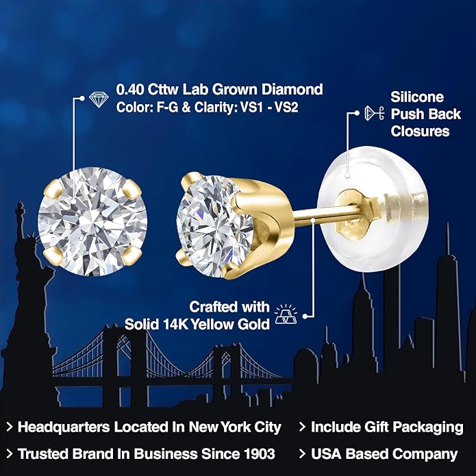 Gem Stone King 0.20 to 6 Cttw 14K Gold Lab Grown Diamond Stud Earrings | Gold Earrings For Women Men | E-F Color | VS1-VS2 Clarity