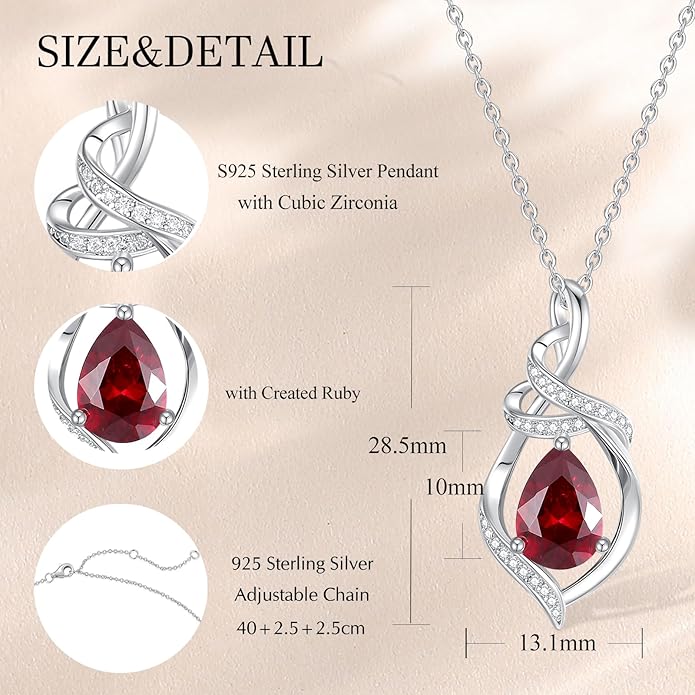 FANCIME Teardrop Gemstone Necklace for Women S925 Sterling Silver Elegant Ribbon Pendent Birthday Gifts for Her, 16"+2" Inches