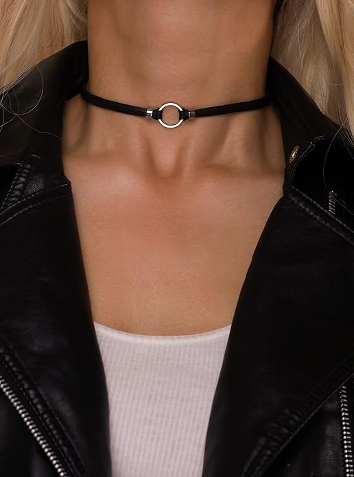 Sacina Goth Hippie O Ring Choker, Black Faux Leather Choker, Halloween Christmas New Year Jewelry Gift For Women