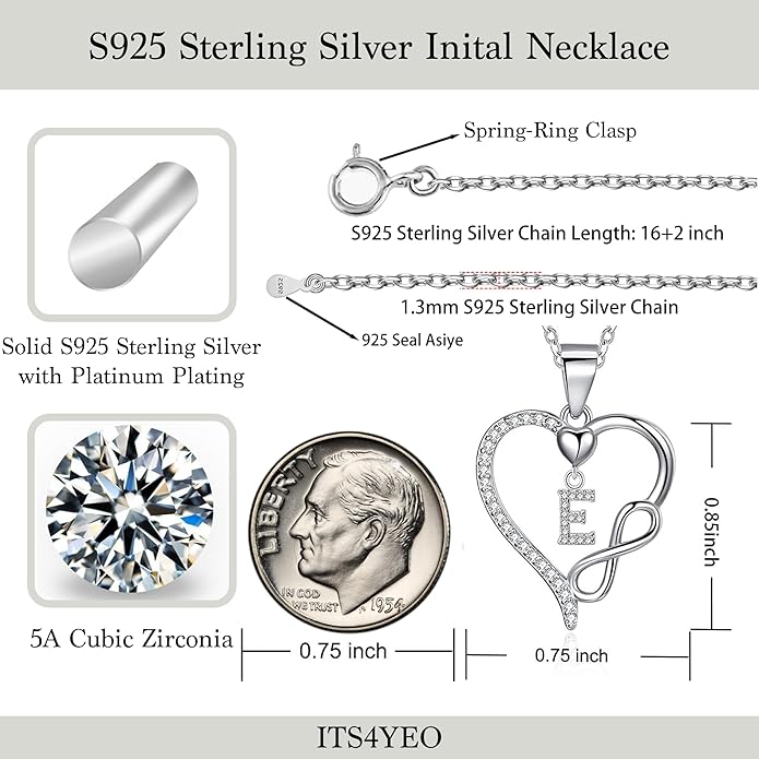 Valentines Day Gifts for Women Hers, Dainty 925 Sterling Silver Infinity Heart Initial Necklace, Letter A-Z Zircon Pendant, Jewelry Gift for Wife