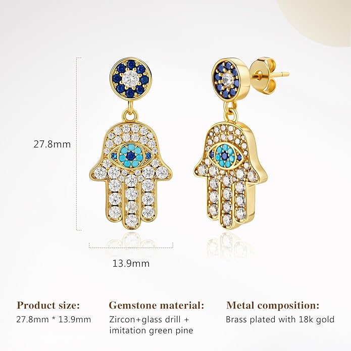 Cicy Bell Womens Evil Eyes 18k Gold Plated Dangle Earrings Hamsa Hand Turquoise Cubic Zirconia Elegant Drop Earrings Trendy Jewelry Gifts for Lover Mom Friends