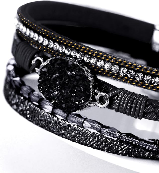 Fesciory Leopard Bracelet for Women, Boho Leather Wrap Multi-Layer Pearl Crystal Bracelet Bangle Jewelry