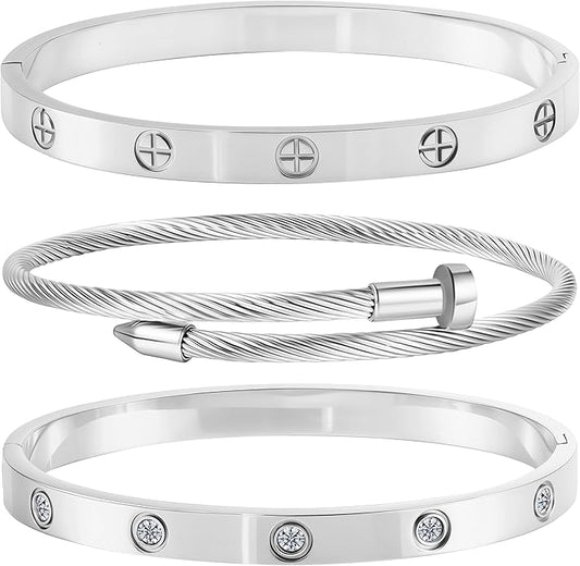 Gold Bracelets for Women - Stackable Bangles with Friendship & Love Theme - Stainless Steel Jewelry Gift for Her