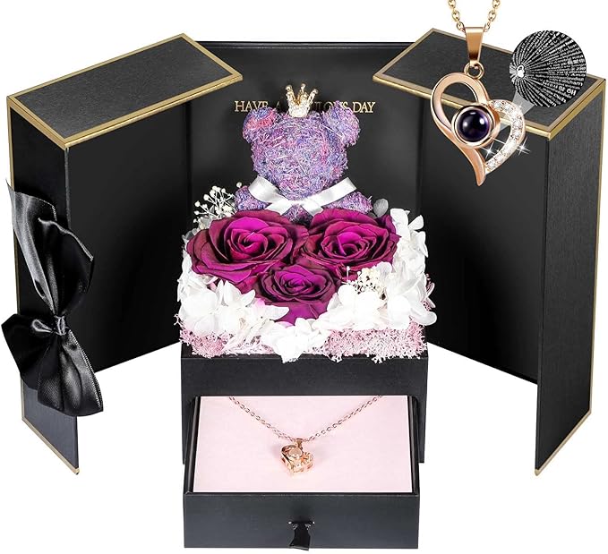 ADDWel Rose Gifts for Women - Preserved Real Roses Forever Purple Flowers with I Love You in 100 Languages Necklace and Cute Moss Bear for Girlfriend Wife Mom Grandma on Birthdays, Anniversaries
