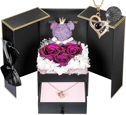 ADDWel Rose Gifts for Women - Preserved Real Roses Forever Purple Flowers with I Love You in 100 Languages Necklace and Cute Moss Bear for Girlfriend Wife Mom Grandma on Birthdays, Anniversaries