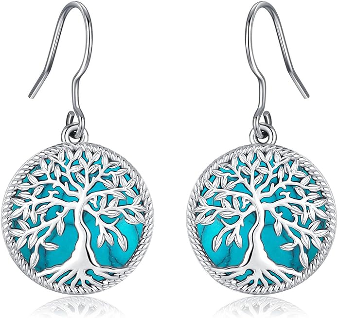 Tree of life Dangle Earrings Sterling Silver Moonstone/Turquoise/Malachite Earrings for Women Filigree Leverback Earrings Jewelry Gifts
