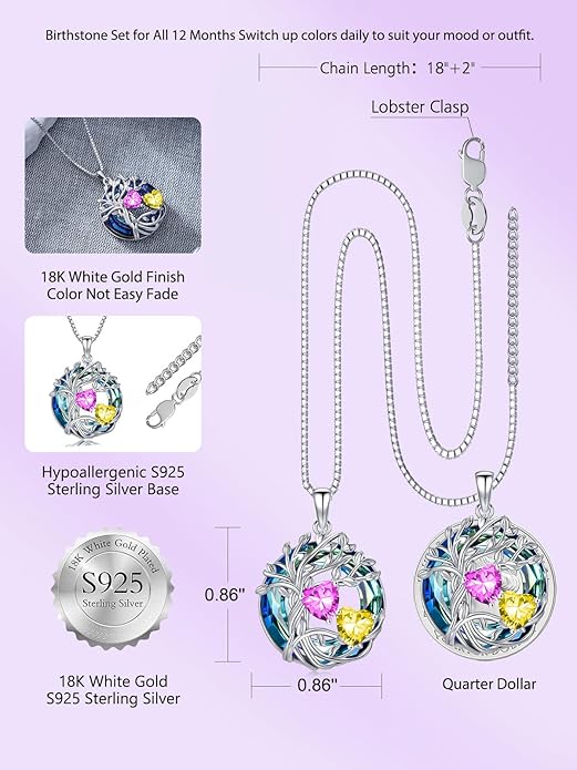 TOUPOP s925 Sterling Silver Family Celtic Tree of Life Pendant Necklaces with 2 Heart Birthstone with Blue Austrian Crystal Jewelry Birthday Anniversary Christmas Gifts for Her Wife Girlfriend Mom (18K Real White Gold Filled)