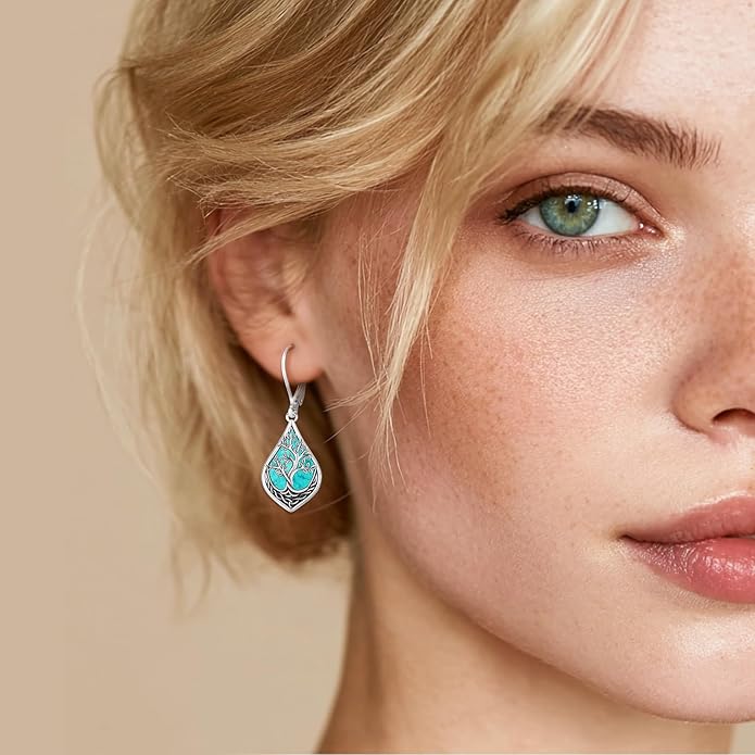 Eusense Sterling Silver Dangle Earrings for Women Tree of Life Animals Moonstone Turquoise Leverback Earrings Jewelry Gifts