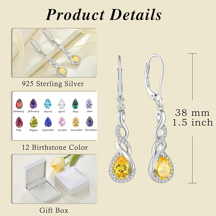 Infinity Dangle Drop Earrings for Women 925 Sterling Silver Teardrop Leverback Earrings Birthstone Jewelry Gifts for Women Wife Girlfriend Mother Daughter Her