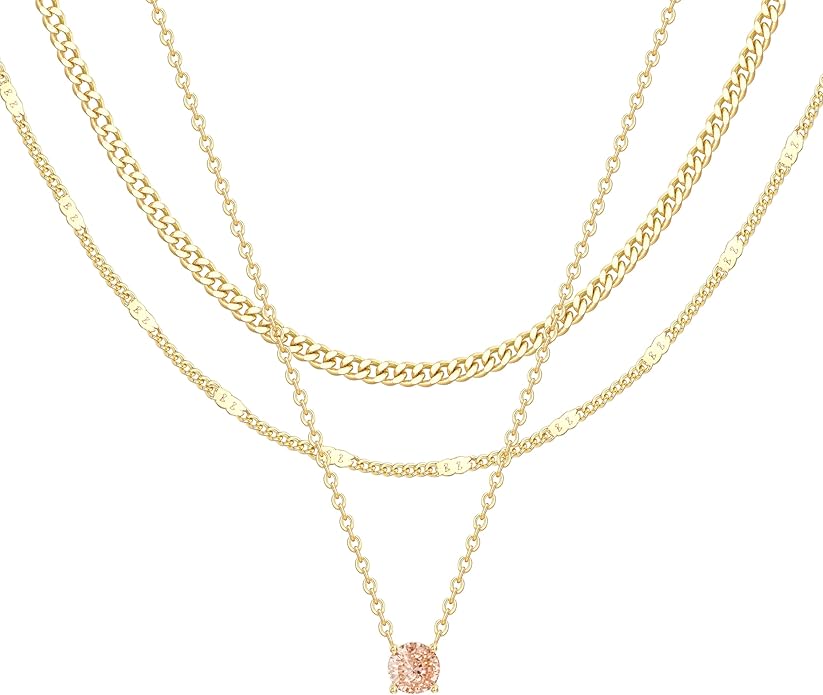 WomenGifts Layered Gold Necklaces for Women, 14K Gold Sterling Silver Plated Dainty Pendant Necklace Set with Cubic Zirconia Circle, Chunky Stackable Cuban Chain Choker, Trendy Personalized Birthstone Jewelry Gift Non Tarnish
