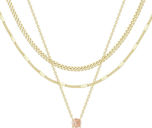 WomenGifts Layered Gold Necklaces for Women, 14K Gold Sterling Silver Plated Dainty Pendant Necklace Set with Cubic Zirconia Circle, Chunky Stackable Cuban Chain Choker, Trendy Personalized Birthstone Jewelry Gift Non Tarnish