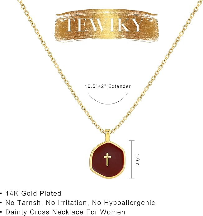 Tewiky Cross Necklace for Women-Dainty Simple 14k Gold Plated Cross Pendant Cute Necklaces for Women Jewelry