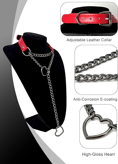 Black Leather Choker Collar For Women, Handmade Heart Slip Chain Choker Long Necklace with Adjustable Buckle