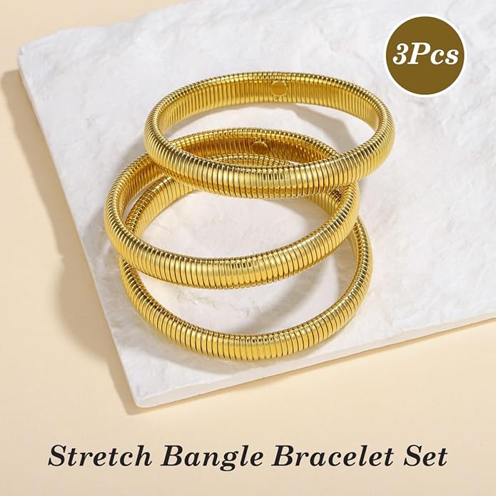 Emibele Gold Bangles Bracelet Set for Women, 18K Gold Plated Chunky Stainless Steel Non Tarnish Stretch Bracelet Stack, Flexible Wide Wristband Bangle Layered Snake Chain Bracelets
