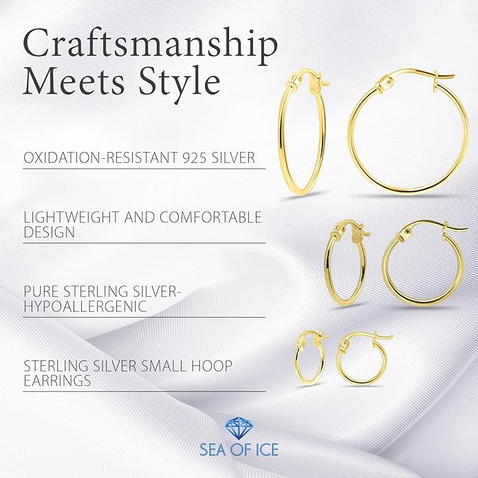 SEA OF ICE 925 Sterling Silver Hoop Earrings for Women - Hypoallergenic Earrings for Women in Sterling Silver, Yellow Gold, Rose Gold or Black Rhodium | Sizes 12MM, 15MM, 20MM or Multipack