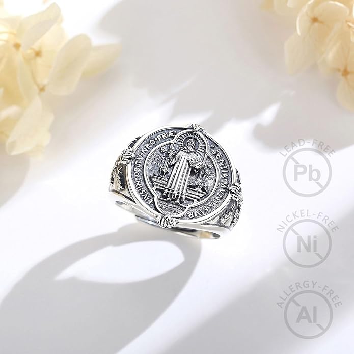 EUDORA S925 Sterling Silver St Benedict Ring San Benito Rings for Women Men, Vintage Ankh Cross Ring Saint Benedict Amulet Adjustable Rings Gifts for Women Mens Father Mother