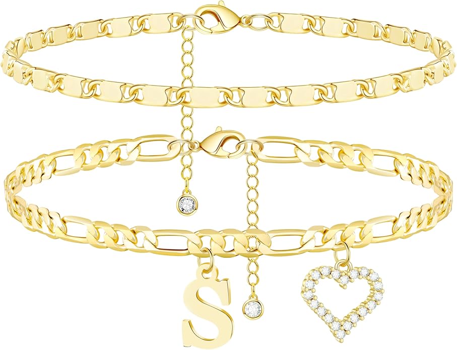 Initial Ankle Bracelets for Women Waterproof 14K Gold Plated Dainty Layered Figaro Chain Letter Initial CZ Heart Ankle Bracelets Set Summer Beach Jewelry for Women