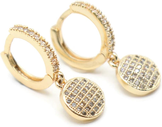 Gold Plated Hoop Earrings for Women – Round Cubic Zirconia Dangle Charm, Elegant Drop Design.KT0058