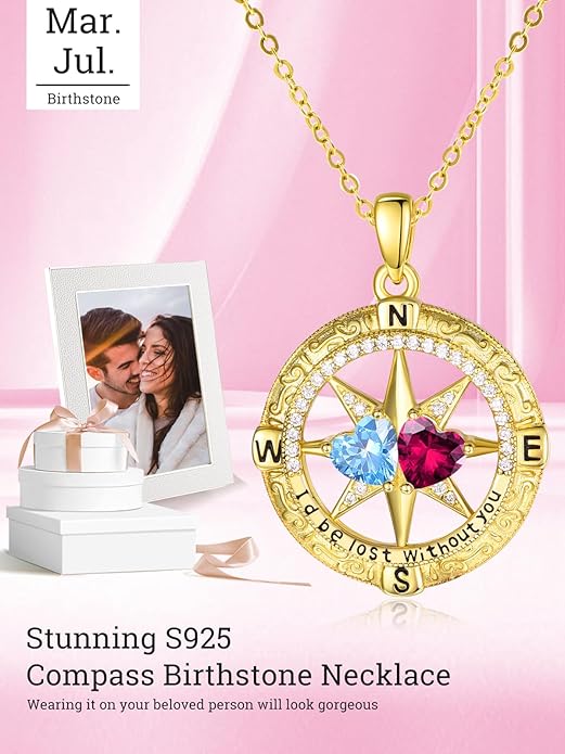 Zeuslia Double Birthstone Necklace Gifts for Wife - 925 Sterling Silver Sunflower/Rose/Crown Cross/Compass/Heart Pendant I Love You Necklace, Anniversary Birthday Gifts for Wife Girlfriend Mom Her