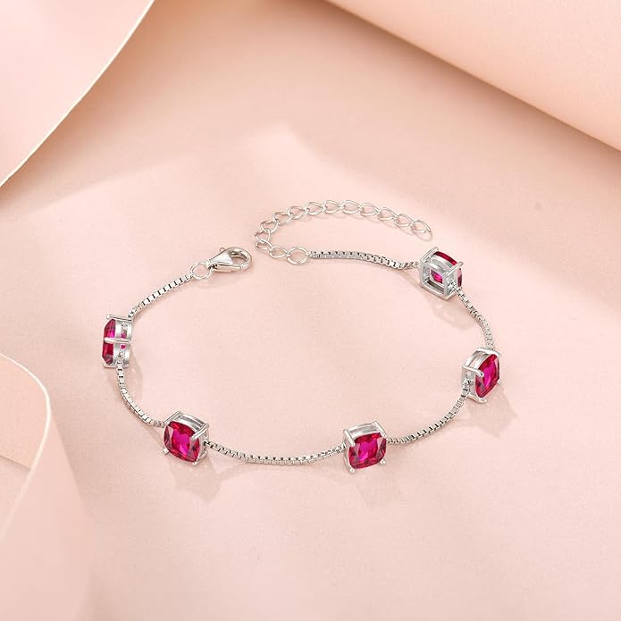 Birthstone Bracelet for Women 925 Sterling Silver Dainty Princess Cut Link Bracelet Jewelry Gifts for Her