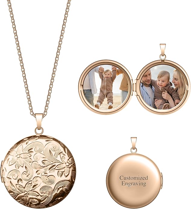 Locket Necklace for Women Girls, 18” Jewelry Chain, Picture Photo Inside, Cadenas para mujer, Personalized Custom Name Gold Locket, Customized Couples Locket, Silver, Rose Gold, Gold