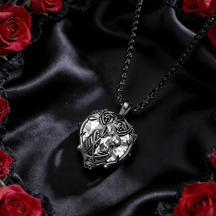 Flpruy 925 Sterling Silver Black Gothic Jewelry Gifts Skeleton Couple Pendant Crystal Birthstone Heart Necklace Punk Romantic Jewelry for Lover Men Women