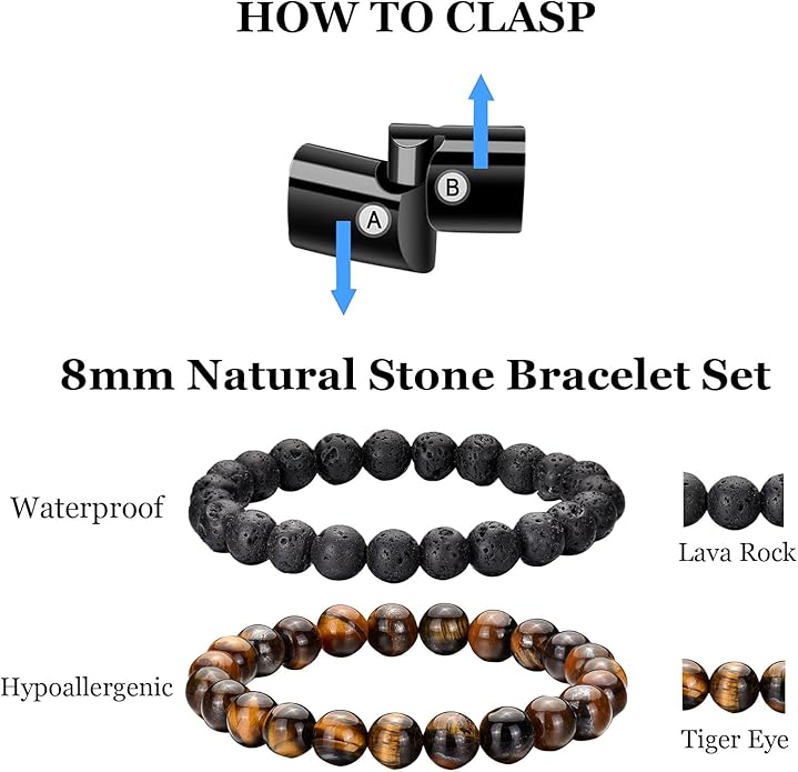 Mens Bracelet Set Black Leather Bracelets for Men Tiger Eye Bracelet 6mm 8mm Lava Rock Beaded Bracelets Adjustable Stretech