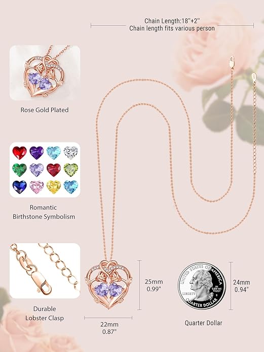 Rose Gold Necklaces for Women Double Birthstone Rose Flower Heart Pendant Necklace Jewelry Anniversary Christmas Valentine's Mother's Day Birthday Gift for Wife Mom Her Girlfriend Sister