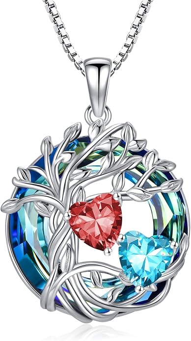 TOUPOP s925 Sterling Silver Family Celtic Tree of Life Pendant Necklaces with 2 Heart Birthstone with Blue Austrian Crystal Jewelry Birthday Anniversary Christmas Gifts for Her Wife Girlfriend Mom (18K Real White Gold Filled)