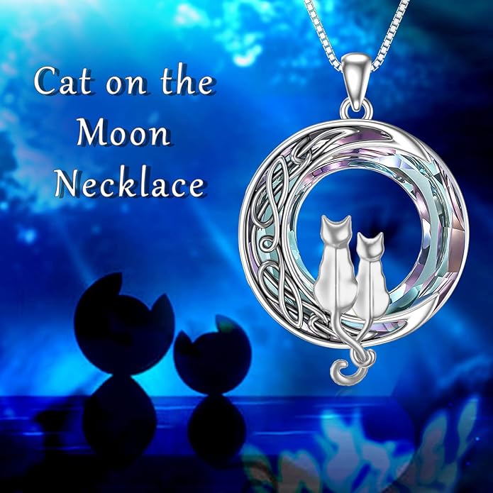 TOUPOP Christmas Cat Gifts for Cats Lovers One Two Three Four Cats Necklace Sterling Silver Cats on the Moon Pendant Necklace with Blue Circle Crystal Birthday Christmas Celtic Jewelry Gifts for Women