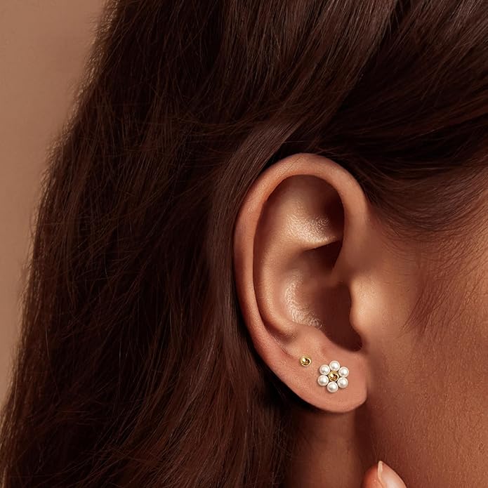 IMBOS Pearl Earrings 14k Gold Plated Daisy Flower Stud Earrings for Women Ball Stud Flat Back Earring Hypoallergenic Statement Earring Trendy Jewelry Gift for Women