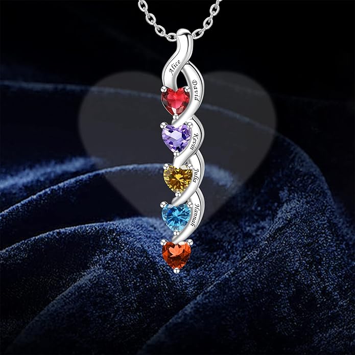 MissNaNa Sterling Silver Personalized Mothers Necklace with Simulated Birthstones Engraved 1-6 Children Names Custom Love Heart Pendant Family Necklace for Women Mother's Day Birthday