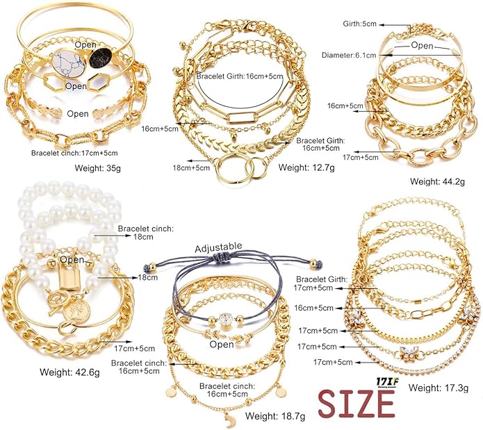 17IF 18-25 PCS(6 Pack) Boho Gold Bracelets Set for Women Stackable Chunky Dainty Bangles Adjustable Chain Flat Cuff Cuban Punk Charm Bundle Jewelry