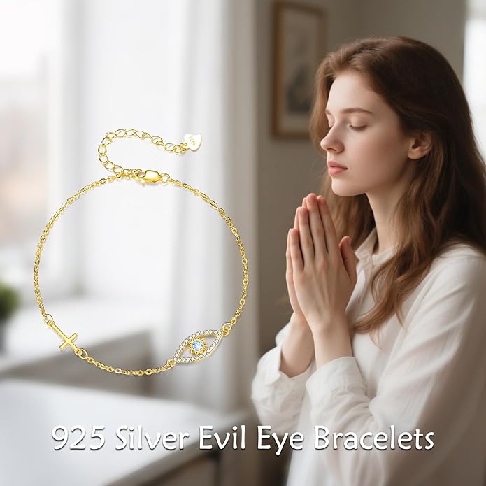 Religion Bracelet S925 Sterling Silver Cross/Evil Eye Bracelet Good Lucky Faith Jewelry Gifts for Women