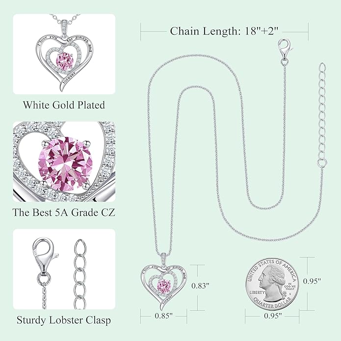 S925 Sterling Silver Necklace for Women, Christams Gift for Women, Love Heart Birthstone Necklaces for Women, Wife Jewelry, Mom Birthday Valentines Mothers Day Gifts, Girlfriend Necklaces, Daughter Heart Jewel, Anniversary for Her