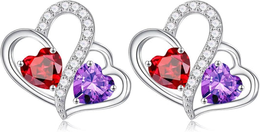 Iefil Valentines Day Gifts for Her - Birthstone Earrings Gift for Women, 925 Sterling Silver Double Heart Birthstone Earrings | Anniversary Birthday Gifts for Women, Personalized Jewelry for Wife Mom