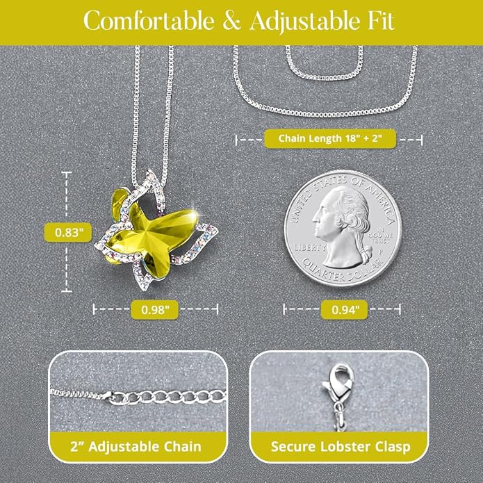 GEMMANCE Valentine's Day Gift Butterfly Birthstone Crystal Necklace, Silver Tone with 18”+2” Chain, Necklace for Mother’s Day Anniversary Birthday Gifts for Women and Daughter