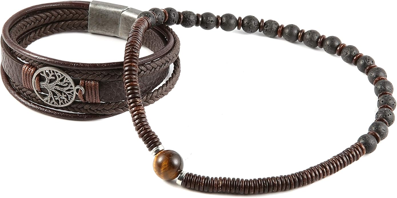 HZMAN Genuine Leather Tree of life Bracelets Men Women, Tiger Eye Natural Stone Lava Rock Beads Ethnic Tribal Elastic Bracelets Wristbands