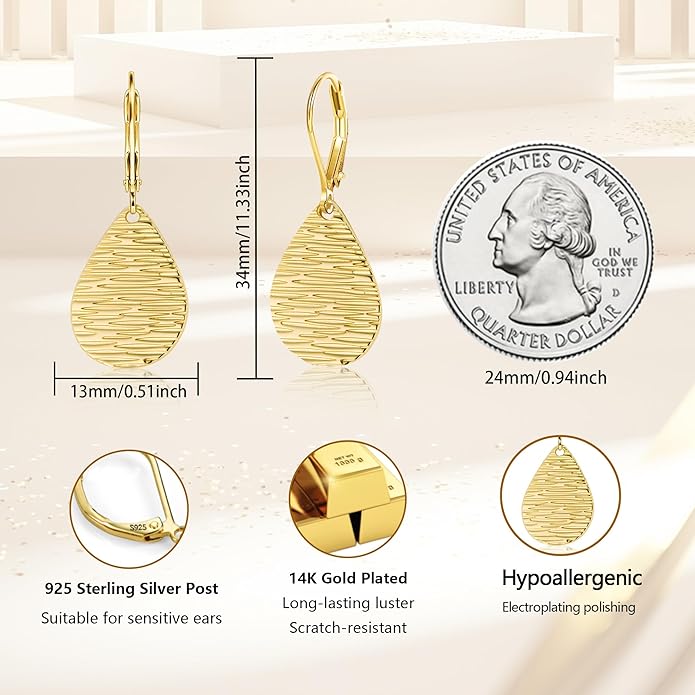 Sterling Silver Dangle Earrings for Women Trendy 14k Gold Dangle Drop Earrings Teardrop Hammered Leverback Earings for Women Jewelry Gifts
