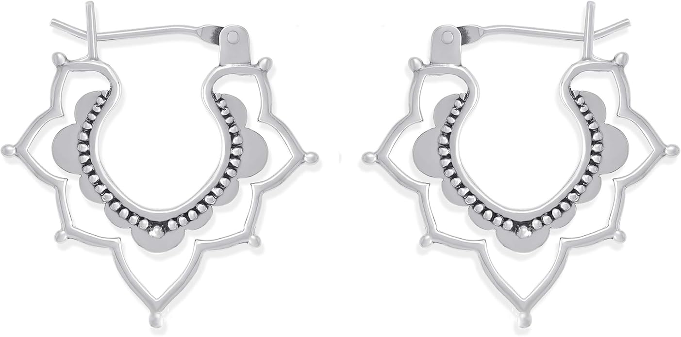 Boma Jewelry Sterling Silver Bomhemian Flower Snap Down Closure Hoop Earrings