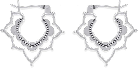 Boma Jewelry Sterling Silver Bomhemian Flower Snap Down Closure Hoop Earrings
